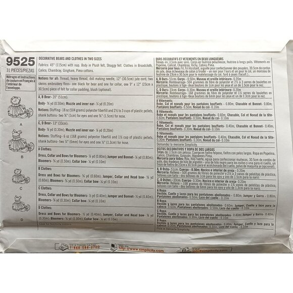 UNCUT Simplicity Crafts Pattern 9525 Rag Bear Dolls & Clothes Vintage Sewing Kit - Picture 2 of 2